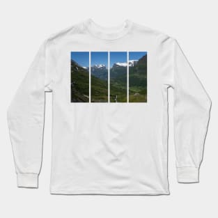 Wonderful landscapes in Norway. Vestland. Beautiful scenery of mountain valley in Djupevatn on the Geiranger -Trollstigen scenic route. Snowed mountains and winding roads in background Long Sleeve T-Shirt